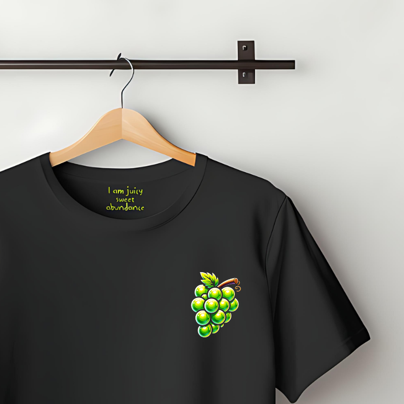 100% Organic Cotton Black t-shirt featuring a bold bunch of green grape graphic on the chest. Text inside the collar reads "I am juicy sweet abundance"