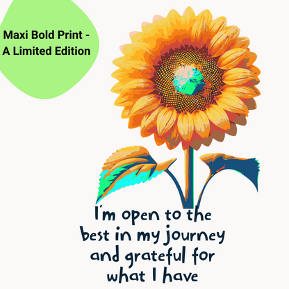 A vibrant T-shirt design featuring a bold, sunflower cartoon of a clownfish against a natural background. The T-shirt includes a powerful mantra in dark blue text: ' I'm open to the best in my journey and grateful for what I have" The design is labeled as a "Maxi Bold Print - A limited edition" displayed on a bright green tag in the top left corner